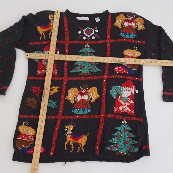 Vintage Valerie Stevens Christmas Sweater Patchwork Tree Reindeer Angel Knit M - Picture 3 of 11